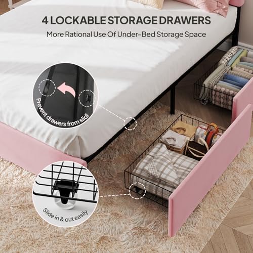 Welzona Queen Upholstered Bed Frame with Headboard & 4 Storage Drawer, Pink