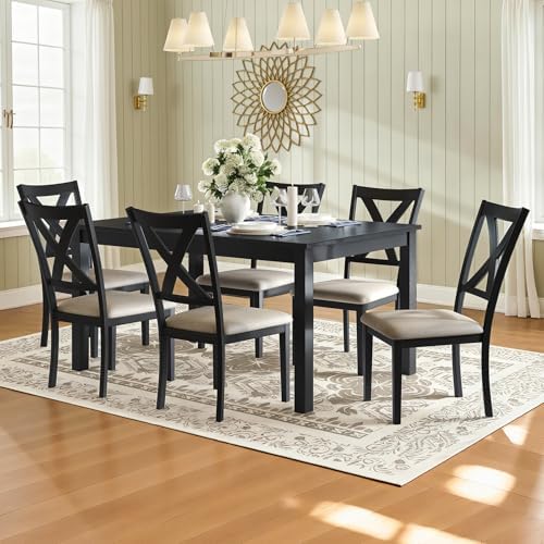 LUXOAK 7-Piece Farmhouse Kitchen Table and Chairs Set for 6, Grey & White