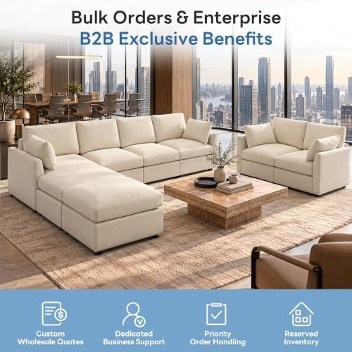 Iroomy Sectional Cloud Couch for Living Room, Spring Cushion Seating, L Shaped Convertible Modular Sofa with Ottoman, Beige