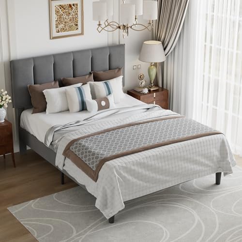 VECELO Queen Size Bed Frame with Upholstered Headboard, Dark Grey