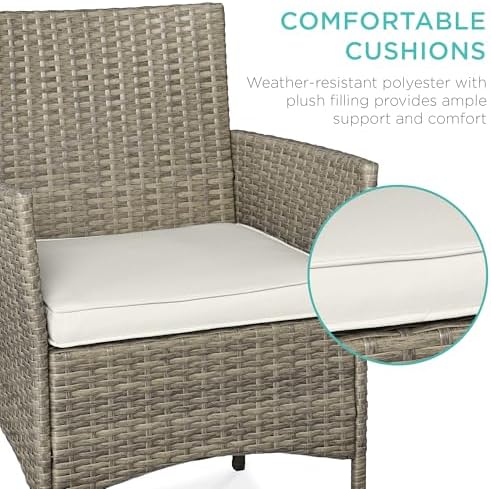 Best Choice Products 3-Piece Outdoor Wicker Conversation Bistro Set, Space Saving Patio Furniture for Garden w/Side Table - Taupe/White Sand