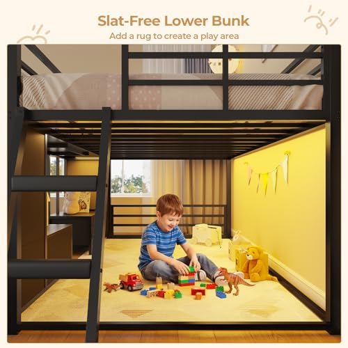 BTHFST Low Bunk Bed Twin Over Twin with 8 Fabric Drawers & Bookshelf, Black