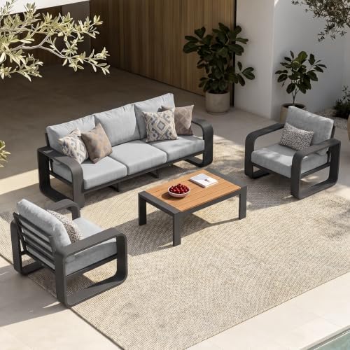 Oversized Aluminum Outdoor Furniture Set, Extra Large Patio Furniture Sofa Set 4.8” Widened Armrest & Ultra-Thick Cushions, 4 Pcs Modern Patio Sectional for Backyard, Porch, Gray