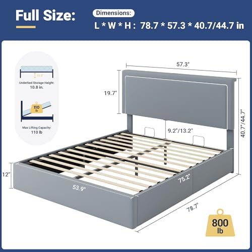 Allewie Full Lift Up Storage Bed Frame with Charging Station, Grey