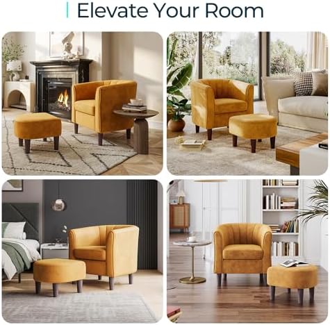 LINSY Accent Chair with Ottoman, Modern Armchair Comfy Barrel Reading Chair with Footrest for Living Room Bedroom Reading Room, Velvet, Yellow