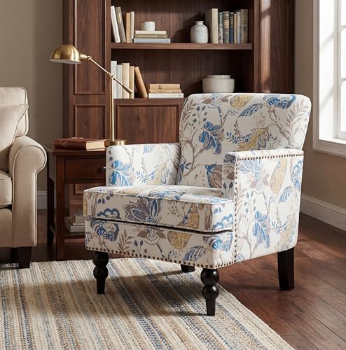 Christopher Knight Home Eve Modern Upholstered Club Chair, Wooden Living Room Accent Chair, Bedroom Comfy Reading Chair, Multifunctional Armchair, Beige+Blue
