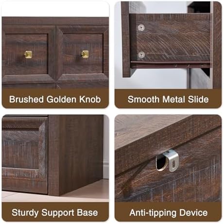 4 Piece Bedroom Set - Includes 6 Drawer Dresser, 5 Drawer Wood Dresser and 3 Drawer King Size Nightstands Set of 2 with Charging Station, 4 Piece Farmhouse Dresser and Nightstand Sets,Brown