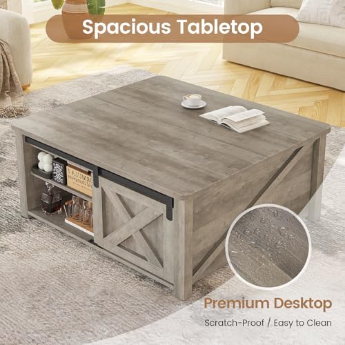 SEDETA 31.5" Lift Top Coffee Table with Storage, Square Coffee Tables for Living Room, Farmhouse Coffee Table with Large Hidden Storage Compartment and Adjustable Shelves, Grey