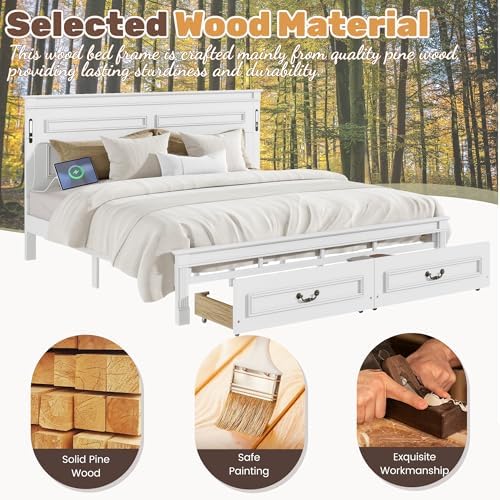 King Bed Frame with 46" Tall Headboard, Farmhouse Solid Wood King Size Platform Bed with 2 Storage Drawers,LED Lights & USB Charging Station,No Box Spring Needed, White