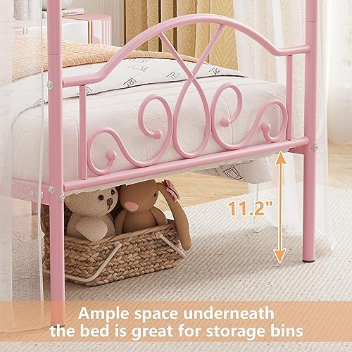 Twin Princess Canopy Bed Frame with 4 Posters, Twin Size Bed for Kids Girls