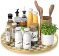 AMH 16-Inch Gold and White Checkerboard Lazy Susan with Rubberwood Base