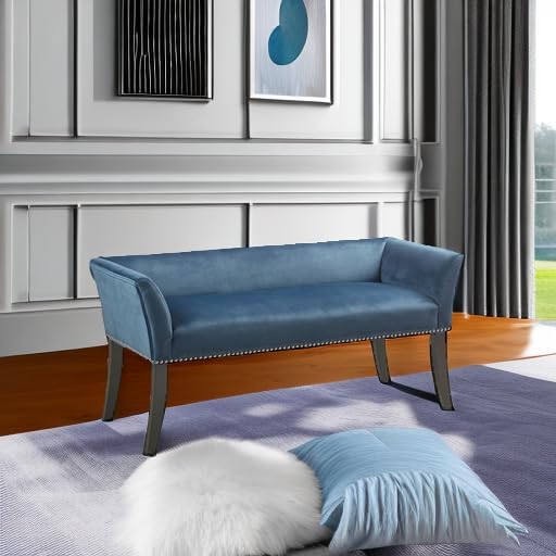 Madison Park Accent Bench, Upholstered with Nailhead Trim, & Padded Seat Entryway Bench Small, End of Bed Bench with Back, 49.5" W x 19.25" D x 23" H, Blue