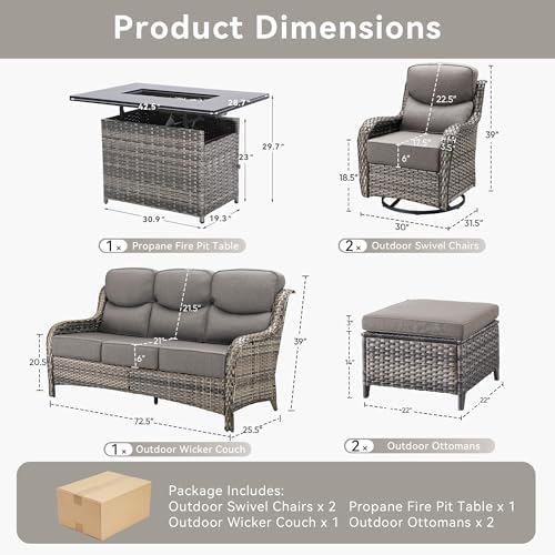 Luxury Patio Furniture Set with Fire Pit Table-6 Pieces All Weather Outdoor Swivel Rocker Chairs with Sofa and Ottomans. Outdoors Patio Conversation Sets for Porch Deck Garden Backyard(Grey/Grey)