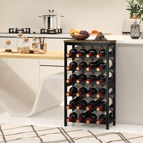 MOGELAFOO 6 Tier Bamboo Wine Rack Freestanding Floor, 24 Bottles Wine Storage Shelves with Table Top, Stackable Wine Display Rack for Kitchen, Bar, Dining Room, Black