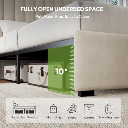 Welzona Full Upholstered Bed Frame with Headboard, Velvet Upholstered Metal Platform Bed with Vertical Channel Tufted Headboard, 3-Level Height, Metal Slat Support, Noise-Free Easy Assembly, White