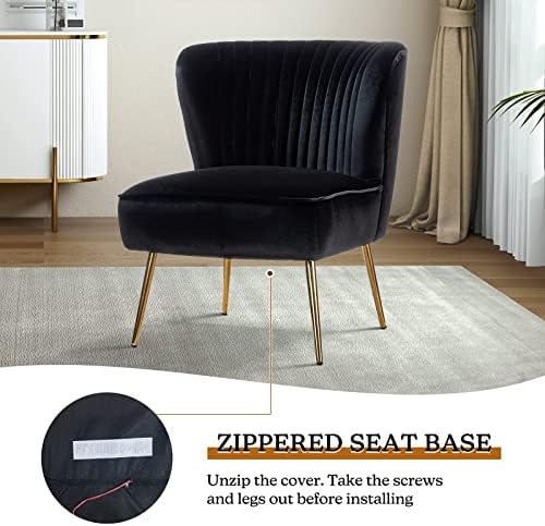 HULALA HOME Velvet Accent Chair, Modern Upholstered Cute Side Chair with Gold Metal Legs, Armless Wingback Slipper Chair Comfy Living Room Chair for Bedroom Guest Room Vanity,Black