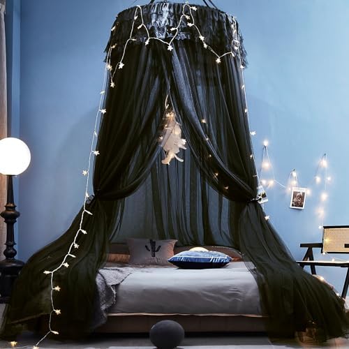 Kertnic Dreamy Bed Canopy for Girls, Princess Canopy Curtains Double Layer Sheer Mesh, Adults Canopies Netting Room Decor Tent Mosquito Net for Queen King Bed (Double Layer-Black)