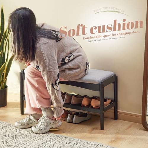 STDDRE Shoe Bench Entryway Bamboo 2-Tier Shoe Rack with Cushion Padded Seat Shoe Bench Organizer Stable for Hallway, Living Room, Bedroom(31.5 * 11.4 * 16.5IN, Black-Gray)