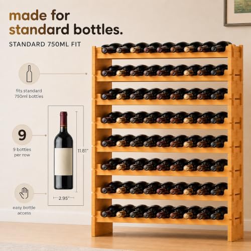 NutriChef 72 Bottle Wine Rack Stackable Bamboo Freestanding, 8-Tier Modular Shelf, Sturdy Wobble Free, Upgraded 2026 Design, Easy No-Tool Assembly for Kitchen, Cellar or Bar Storage 33.5" x 10" x 41"