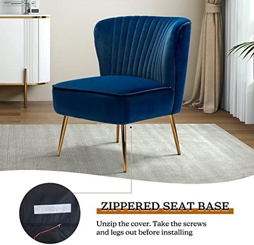 HULALA HOME Velvet Accent Chair, Modern Upholstered Cute Side Chair with Gold Metal Legs, Armless Wingback Slipper Chair Comfy Living Room Chair for Bedroom Guest Room Vanity,Navy