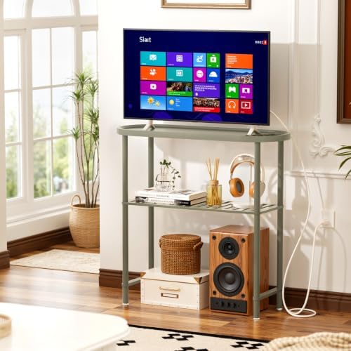 Small Console Table Bamboo 30.7", Modern Entryway Table Green 2-Tier, Narrow Console Table with Anti-Fall Edge, Small TV Stand for Bedroom, Indoor Plant Stand, Sofa Side Table 5min Easy Assembly