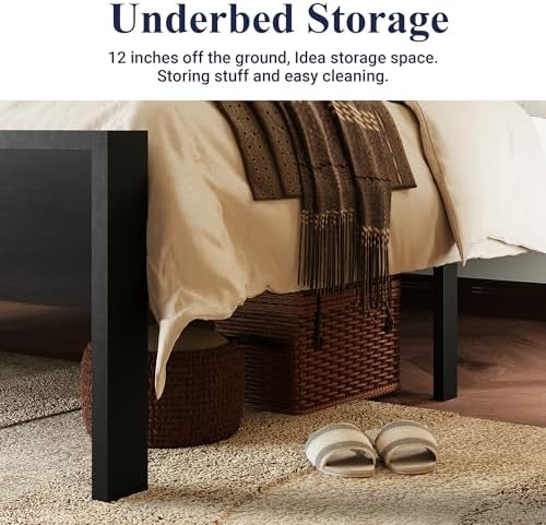 Allewie Queen Size Bed Frame, Heavy Duty 12 Metal Slats Support, Black Oak