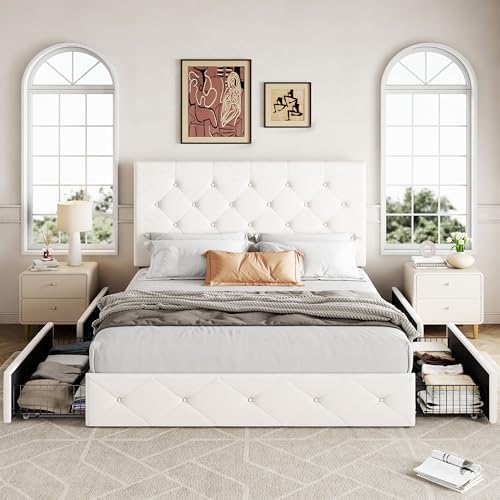 Allewie Full Size Storage Bed Frame with 4 Underbed Drawers, Upholstered Platform Bed with Adjustable Headboard, Diamond Button Tufted, Easy Assembly, Noise-Free, No Box Spring Needed, Soft White