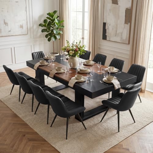 Miereirl 7-Piece Modern Farmhouse Dining Table Set, 86.6" x 47.2" Sturdy Stable Dining Table with 6 Chairs, Rectangular Kitchen Table Set for 6,(Black & Walnut Table+6 Black Chairs)