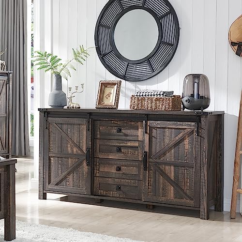 T4TREAM 60" Wide Farmhouse Sideboard Buffet Cabinet, Dark Rustic Oak