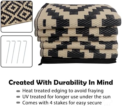 SAND MINE Waterproof Outdoor Rug 8x10 ft, Plastic Reversible Rug, Modern Area Rug, Large Floor Mat for Outdoors, RV, Patio, Backyard, Deck, Picnic, Beach, Camping, Black & Beige