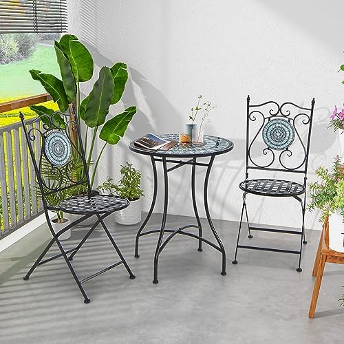 GIANTEX 24 Inch Patio Bistro Table, Mosaic Round Table w/Ceramic Tile Tabletop, Heavy-Duty Metal Structure, Outdoor Dining Table for Backyard, Garden, Porch (Blue & Black (Sun Pattern))
