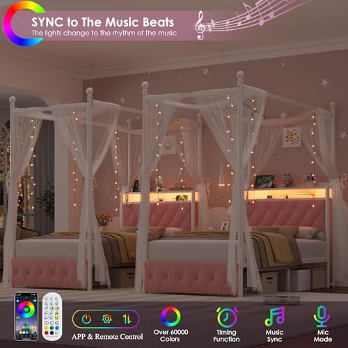 HIFIT Twin Size LED Canopy Bed Frame with Storage & Charging Station, Pink