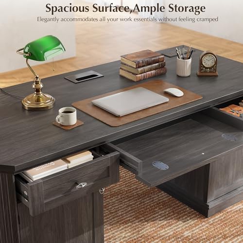 59" Classic Executive Desk with Storage, Victorian Executive Desk with Charging Station, Keyboard Tray, 3 Drawers & 2 Cabinet Storage & 2 Pedestals, Easy Assembly, Black