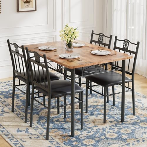 VECELO Dining Table Set for 4, 5-Piece Wood Kitchen Table with Upholstered Padded Chairs for Small Space, Breakfast Nook, Space-Saving, Brown