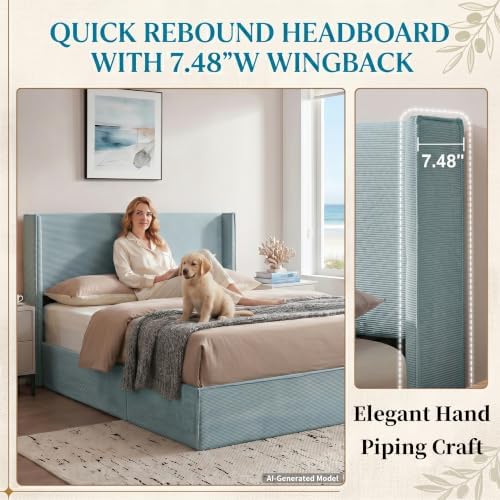 King Lift Up Storage Bed, Corduroy Platform Bed with Headboard, Light Blue