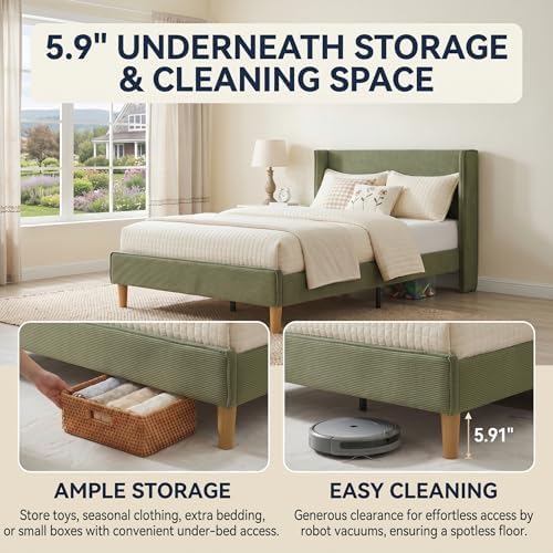 Twin Corduroy Upholstered Platform Bed with Headboard Wingback, Turtle