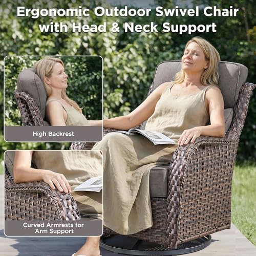 Luxury Outdoor Swivel Rocker Patio Chairs-3 Piece Wicker Patio Rocking Chairs Set of 2 with Glass Side Table 6" Thick Cushions High Back Outdoor Furniture Sets for Deck Porch Balcony(Brown/Grey)