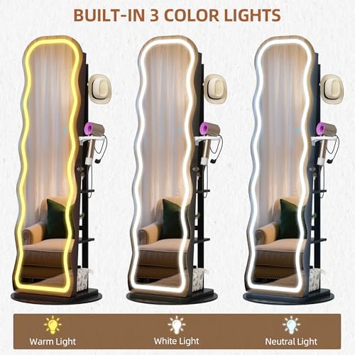 Vlsrka LED Mirror Jewelry Cabinet Standing, 360° Swivel, Black | Lockable Jewelry Armoire with Mirror, Interior LED Makeup Mirror, Foldable Shelf, Large Capacity, Gift for Women, Girls