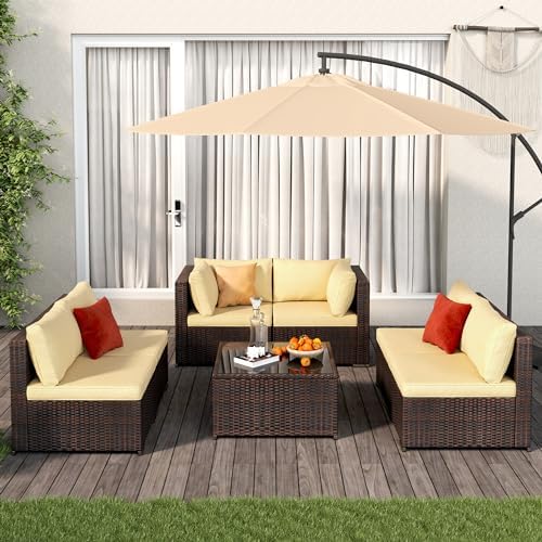 Qsun Patio Furniture Sets 7 Pieces Outdoor Sectional Rattan Sofa Manual Weaving Wicker Patio Conversation Set with Glass Table and Cushion (Beige)