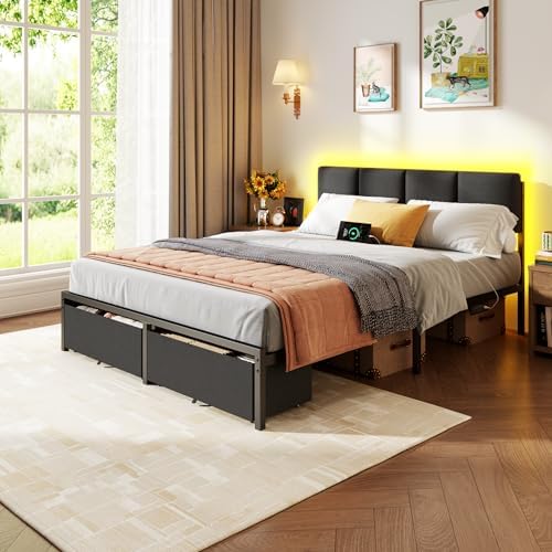 Furnulem Queen Bed Frame with Upholstered Headboard and 2 Storage Drawers