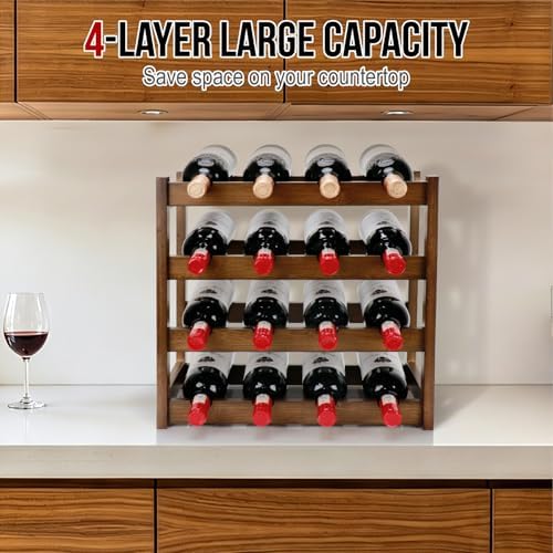 Bamboo Wine Rack, 4-Tier 16 Bottles Wine Storage Cabinet Shelf