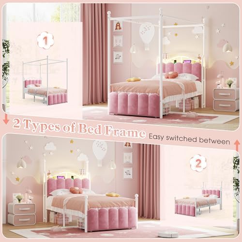 Homkdom Twin Canopy Bed Frame with Drawers and LED Lights & Charging,Pink