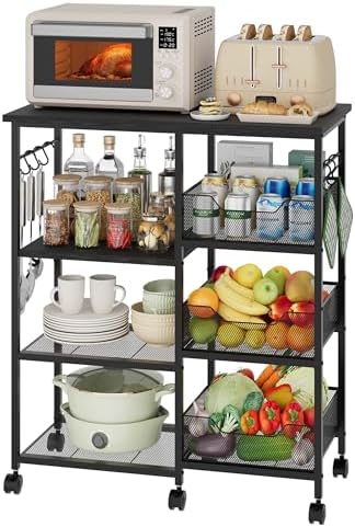 HapiRm Rolling Kitchen Carts with Storage - Microwave Table Stand with 6 Hooks & 3 Baskets, kitchen Island Cart on Lockable Wheels, 28.3" L × 14.6" W Bakers Rack Cart for Dining Room Coffee Bar Office