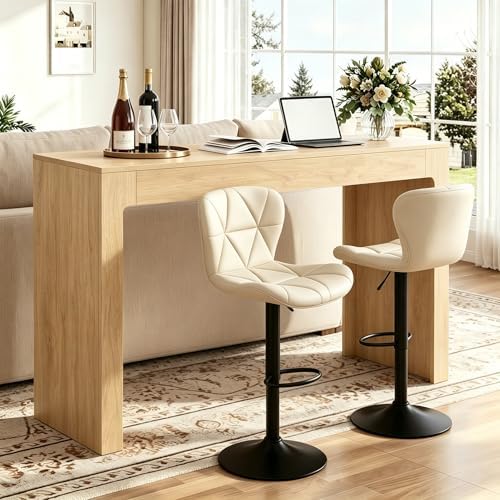 Miereirl 3-Piece Counter Height Bar Table Set, 55 Inch Oak Pub Dining Table & 2 Black Swivel Adjustable Bar Stools, PU Leather Counter Chairs with Backrest for Kitchen Island Dining Room