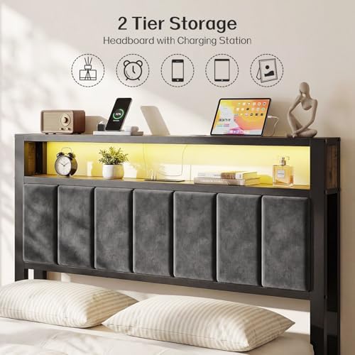 OLEVS Full Size Bed Frame with Headboard, LED Light & Charging Station