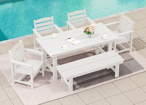 SERWALL Outdoor Dining Set, Patio Dining Set with Bench, White