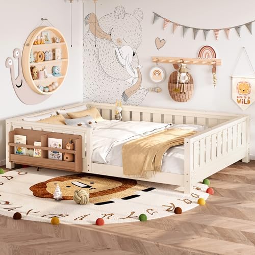 Queen Size Montessori Floor Bed with Bookshelf, Guardrail and Slats, Beige
