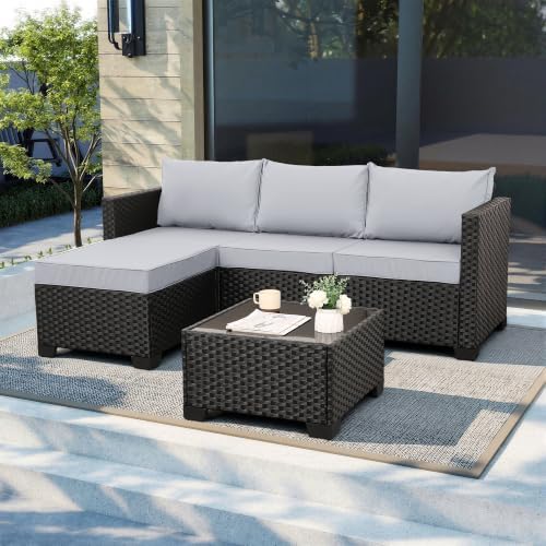 Rattaner 3 Pieces Patio Furniture Set Outdoor Sectional Wicker Patio Furniture Patio Couch with Ottoman and Outdoor Table All-Weather Anti-Slip Cushions Waterproof Covers, Light Grey