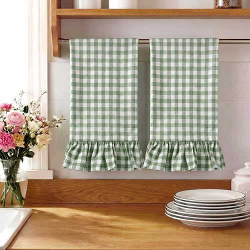 HunnmingRe 2 Pcs Green Gingham Kitchen Towels Cotton Ruffled