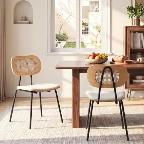 CIMOTA Rattan Dining Chairs Set of 4, Cane Back Kitchen Chairs with Metal Legs, Faux Leather Seat, Armless Dining Room Chairs for Kitchen, White